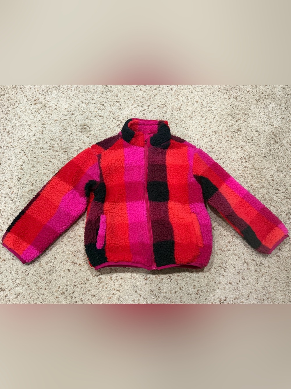 Cat & Jack Sherpa Fleece Zip Jacket - Red & Pink Plaid, XS (4-5)